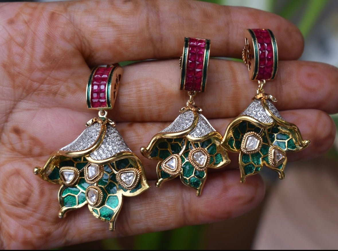 Lotus Blossom ruby Enamel Kundan Pendant Set - MR Jewels